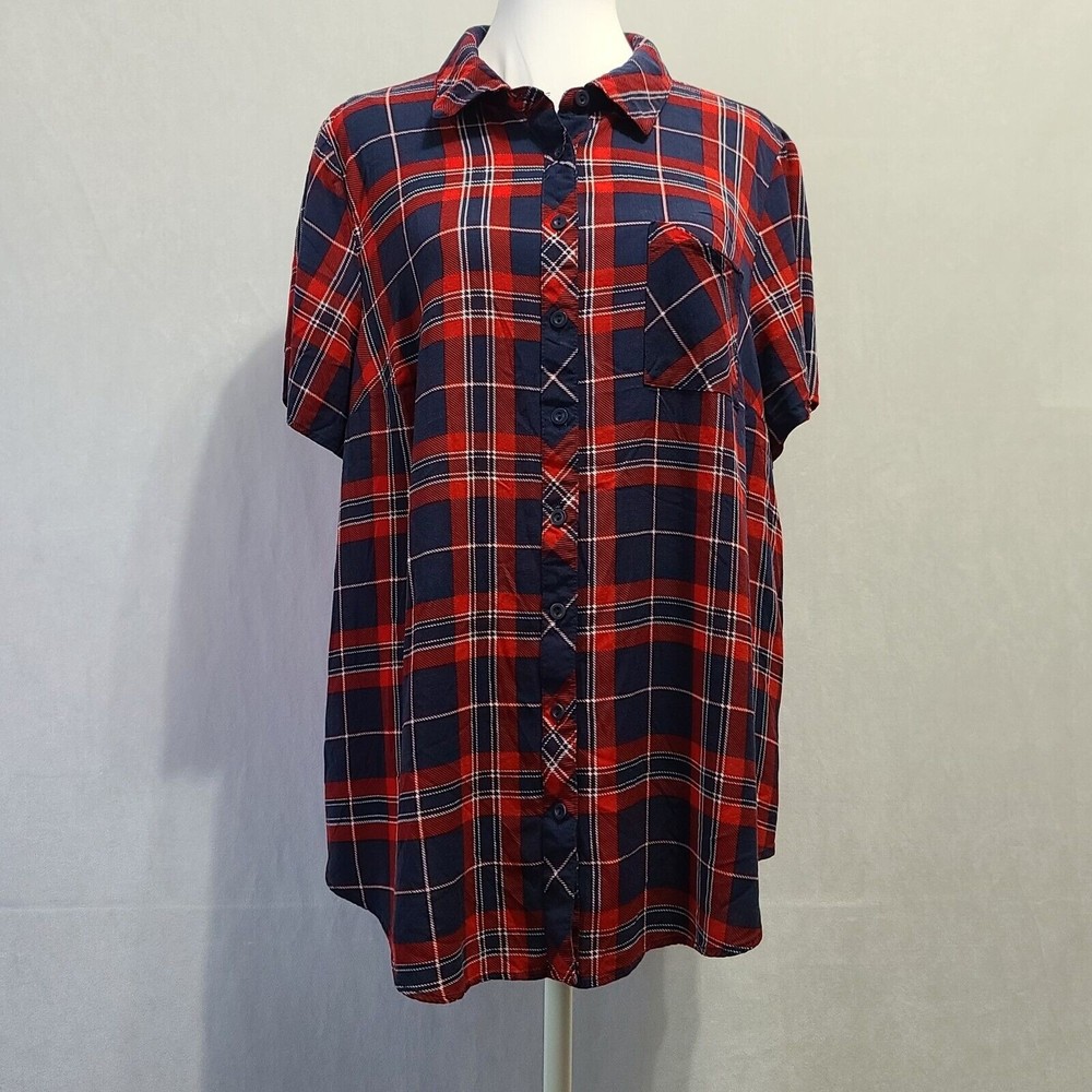 Torrid Stretch Challis Button Front Shirt Women's Size 2 Red Blue Plaid